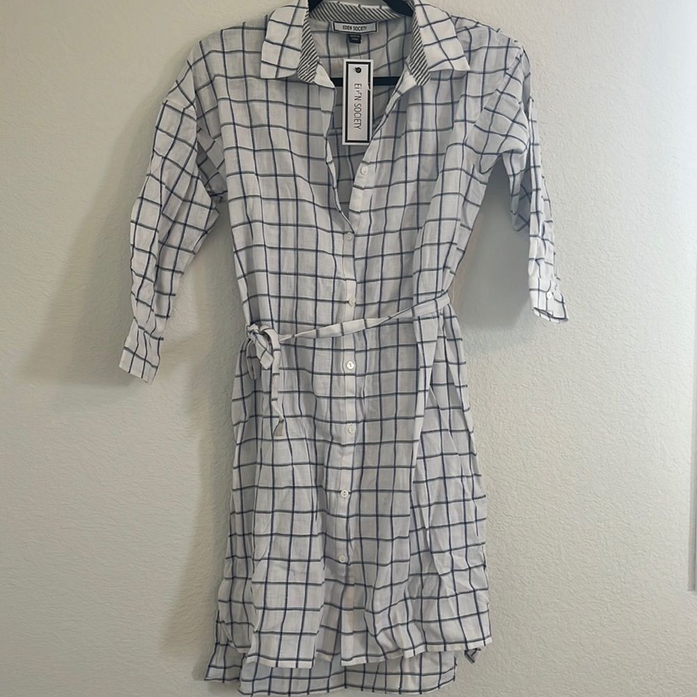 NWT Eden Society Blue White Black Plaid Tie Waist Shirt Dress Button Front Small